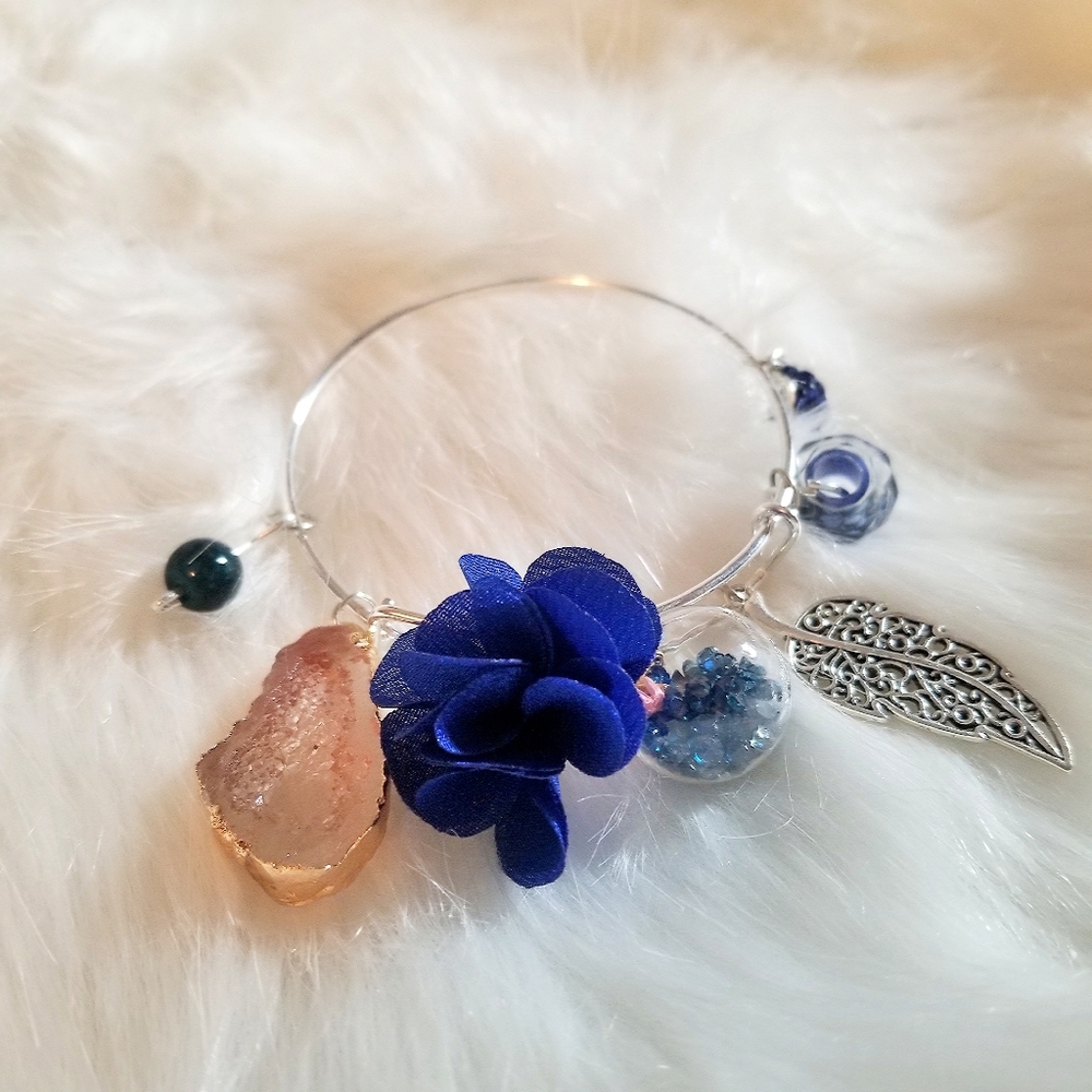 TEESAN Japanese Braclet/Bangle with Carved Stone and Crystal Ball Charms